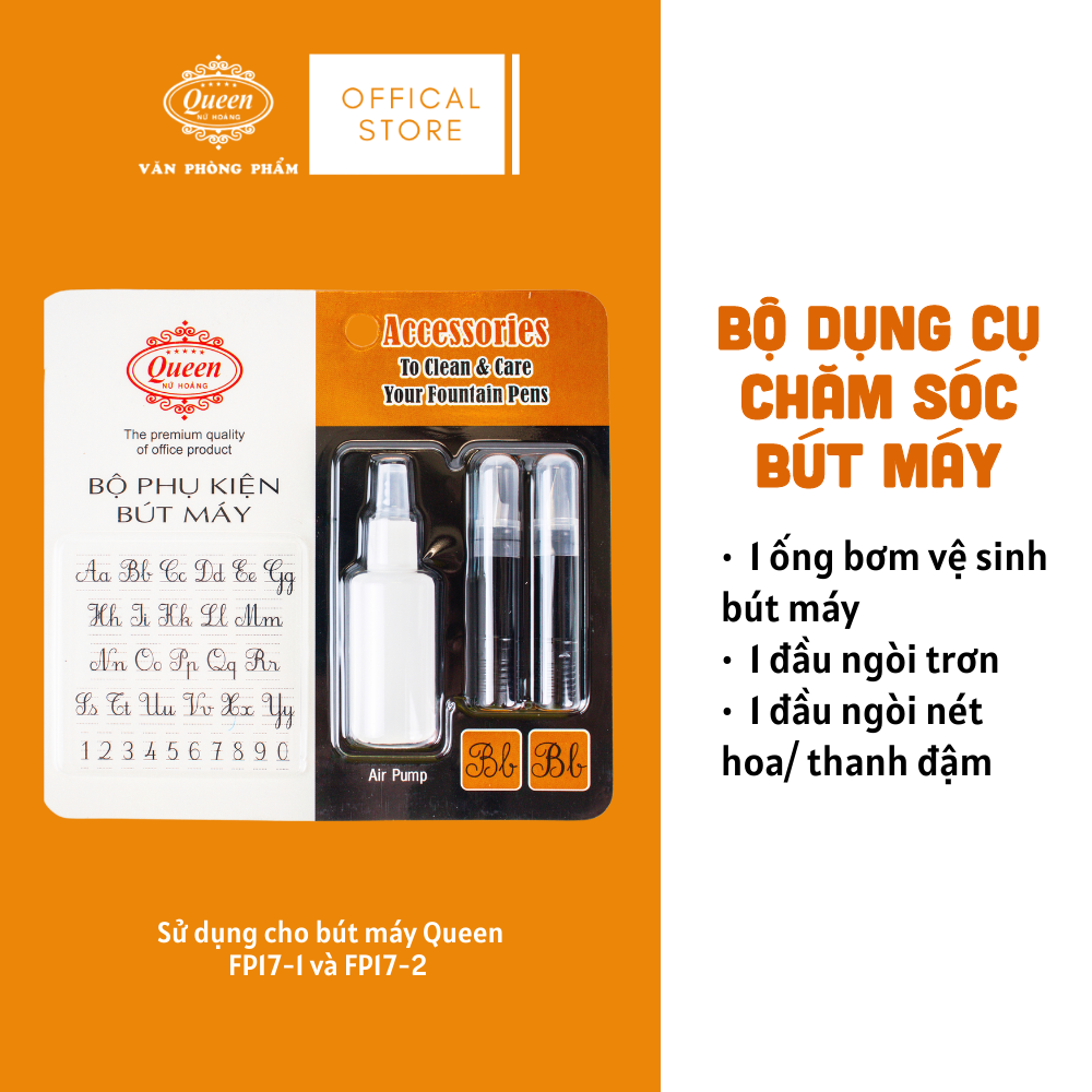 Queen - Bộ Phụ Kiện Bút Máy FPA-01 (1 Ngòi Trơn, 1 Ngòi Nét Hoa, 1 Bơm vệ sinh) (Sử dụng cho bút máy FP17) (24 Bộ/Hộp)