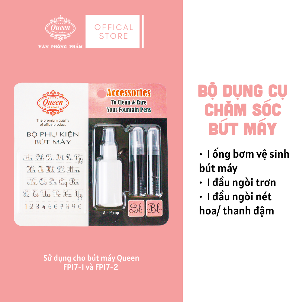 Queen - Bộ Phụ Kiện Bút Máy FPA-01 (1 Ngòi Trơn, 1 Ngòi Nét Hoa, 1 Bơm vệ sinh) (Sử dụng cho bút máy FP17) (24 Bộ/Hộp)