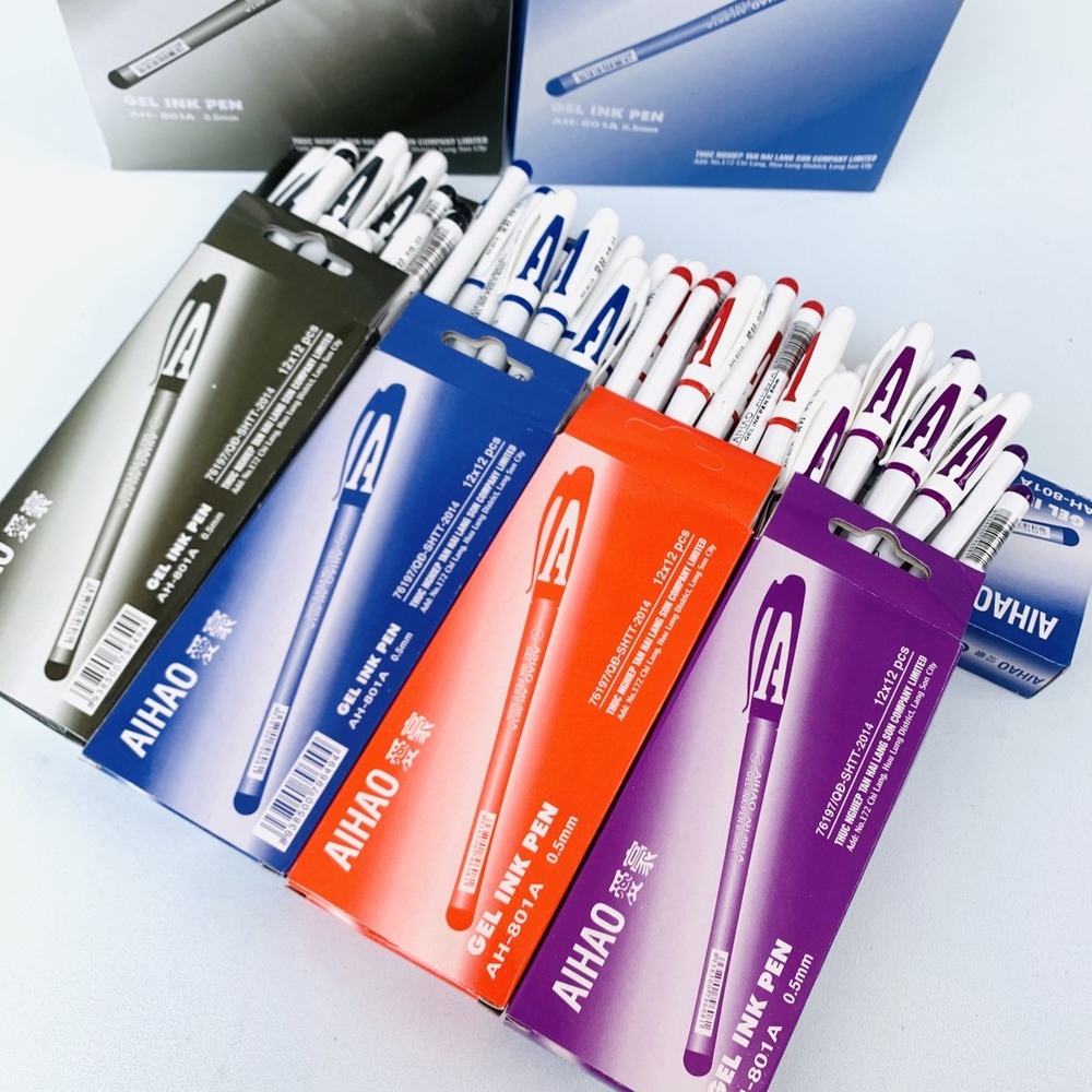 Bút Gel Nước Chữ AAA 0.5mm Aihao AH-801A (Xanh, Tím, Đỏ, Đen) (12 Cây/Hộp) (12 Hộp/Lốc) (12 Lốc/Thùng)
