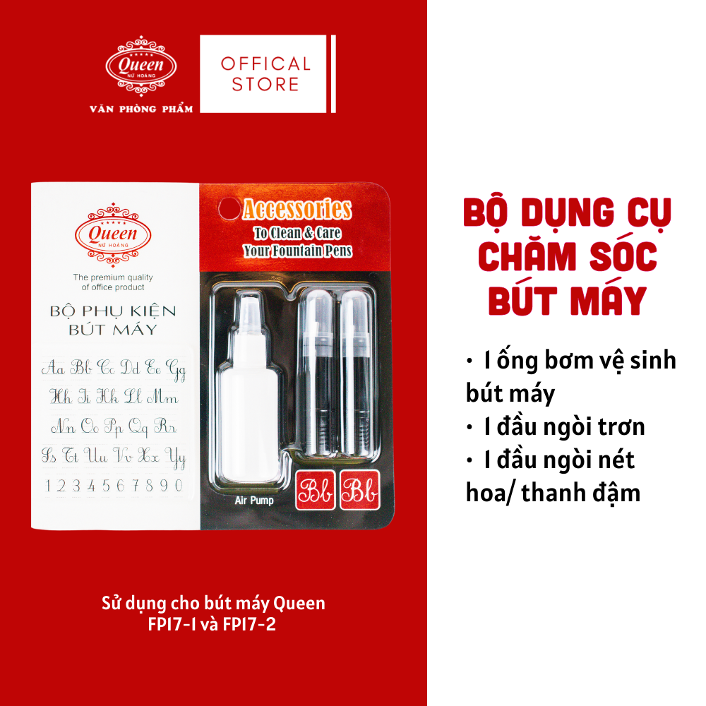 Queen - Bộ Phụ Kiện Bút Máy FPA-01 (1 Ngòi Trơn, 1 Ngòi Nét Hoa, 1 Bơm vệ sinh) (Sử dụng cho bút máy FP17) (24 Bộ/Hộp)