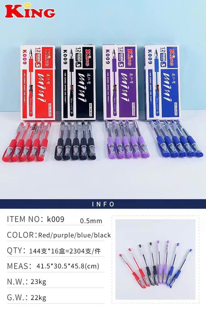 Bút Gel MINI Đầu To King K009 (Xanh, Tím, Đỏ, Đen) (12 Cây/Hộp; 12 Hộp/Lốc; 20 Lốc/Thùng)