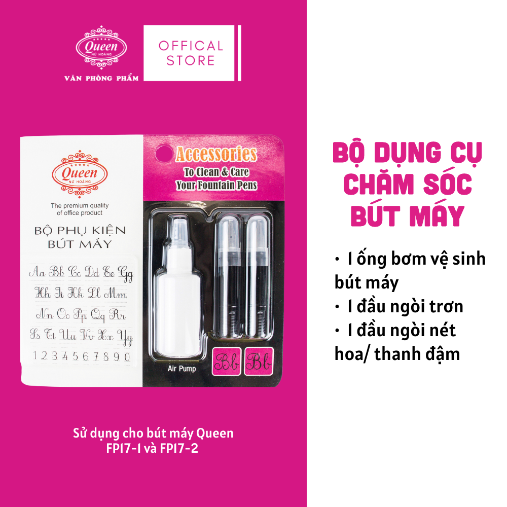 Queen - Bộ Phụ Kiện Bút Máy FPA-01 (1 Ngòi Trơn, 1 Ngòi Nét Hoa, 1 Bơm vệ sinh) (Sử dụng cho bút máy FP17) (24 Bộ/Hộp)