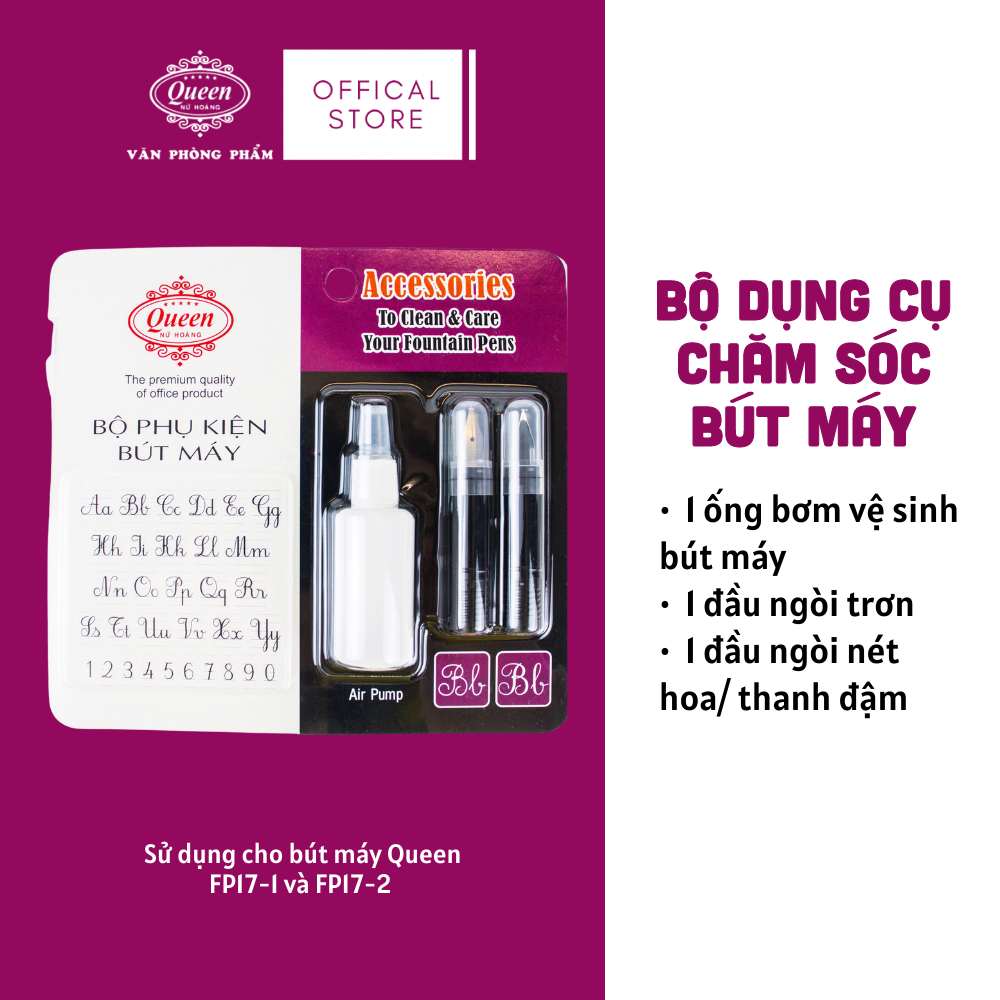 Queen - Bộ Phụ Kiện Bút Máy FPA-01 (1 Ngòi Trơn, 1 Ngòi Nét Hoa, 1 Bơm vệ sinh) (Sử dụng cho bút máy FP17) (24 Bộ/Hộp)