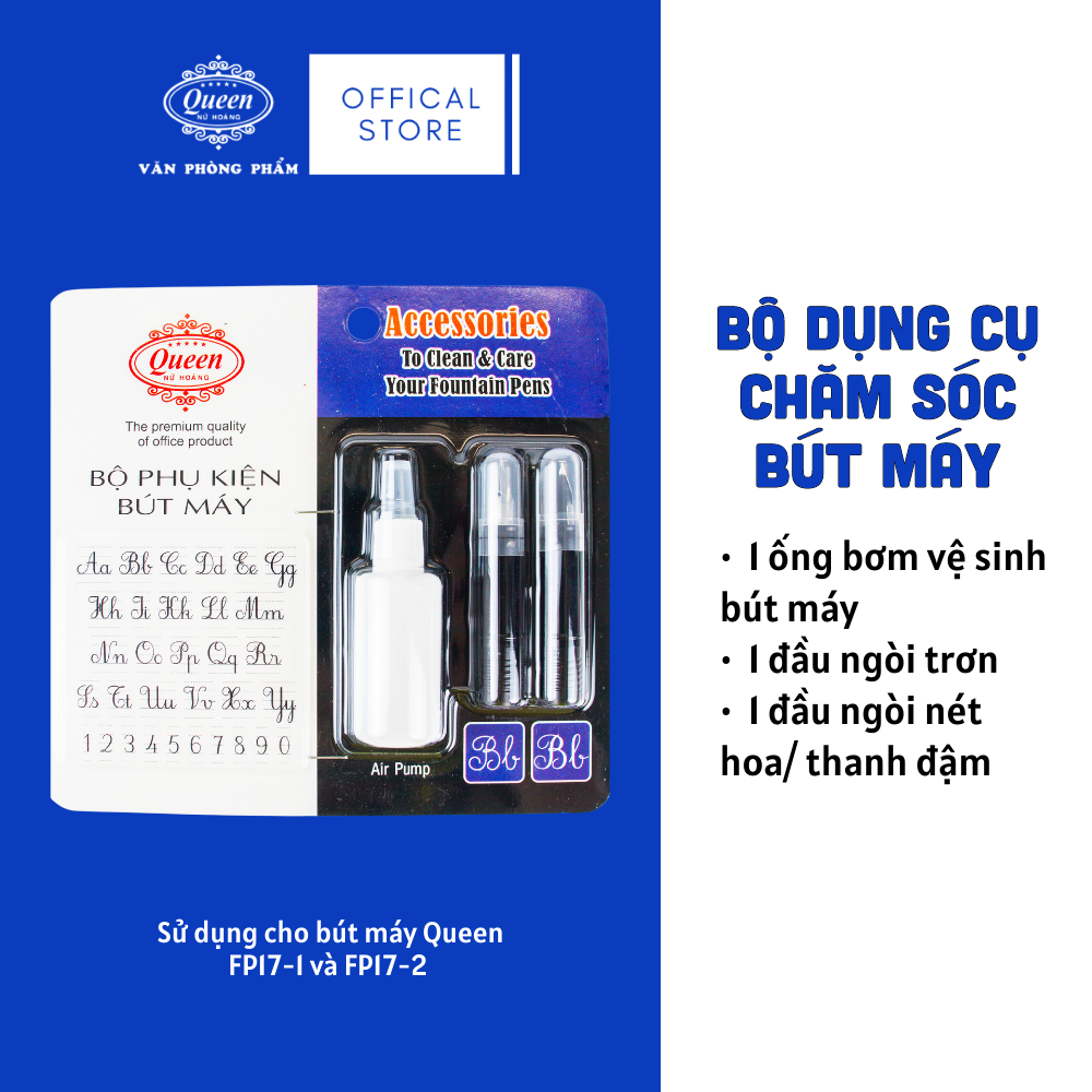 Queen - Bộ Phụ Kiện Bút Máy FPA-01 (1 Ngòi Trơn, 1 Ngòi Nét Hoa, 1 Bơm vệ sinh) (Sử dụng cho bút máy FP17) (24 Bộ/Hộp)