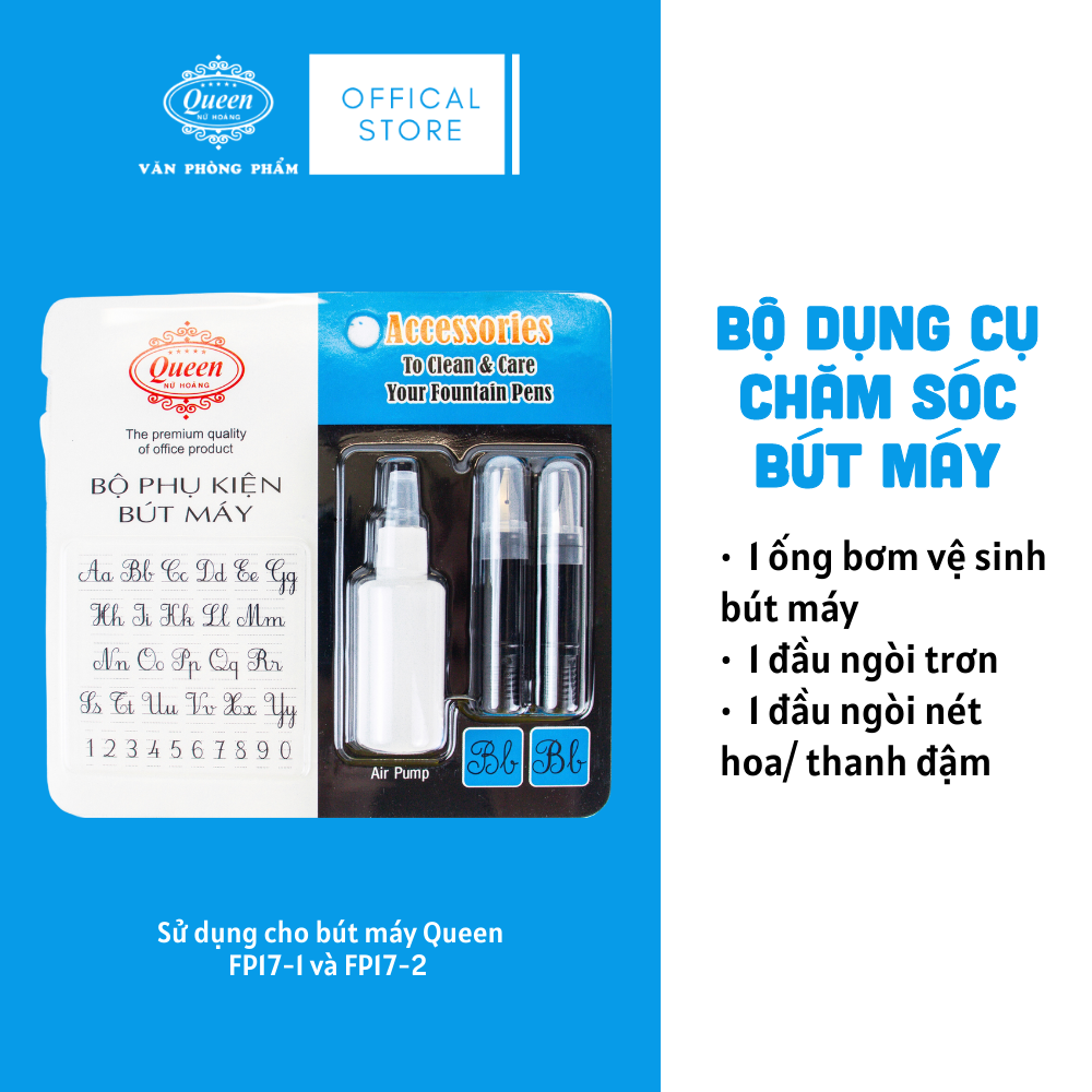 Queen - Bộ Phụ Kiện Bút Máy FPA-01 (1 Ngòi Trơn, 1 Ngòi Nét Hoa, 1 Bơm vệ sinh) (Sử dụng cho bút máy FP17) (24 Bộ/Hộp)