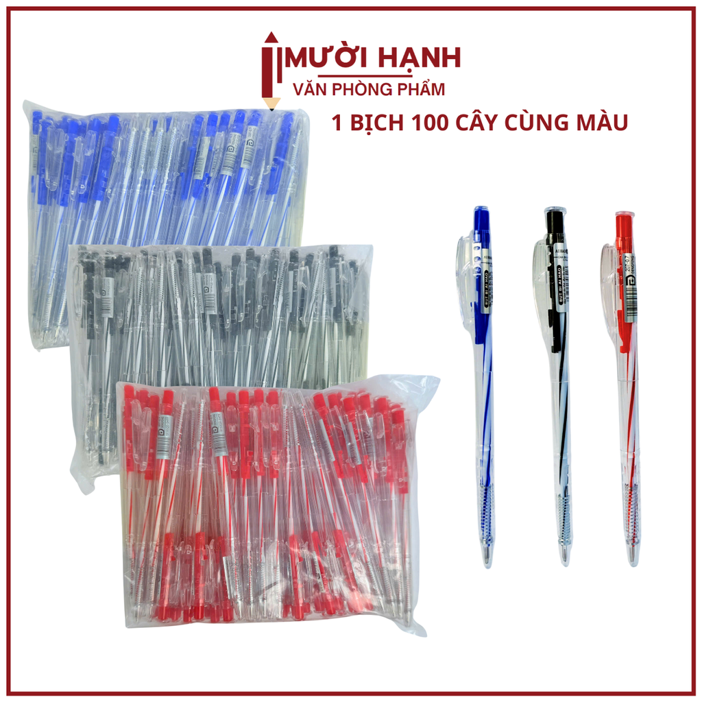 Bút Bi Aihao Đầu Bấm 207 BỊCH (100 Cây/ Bịch; 32 Bịch/Thùng)