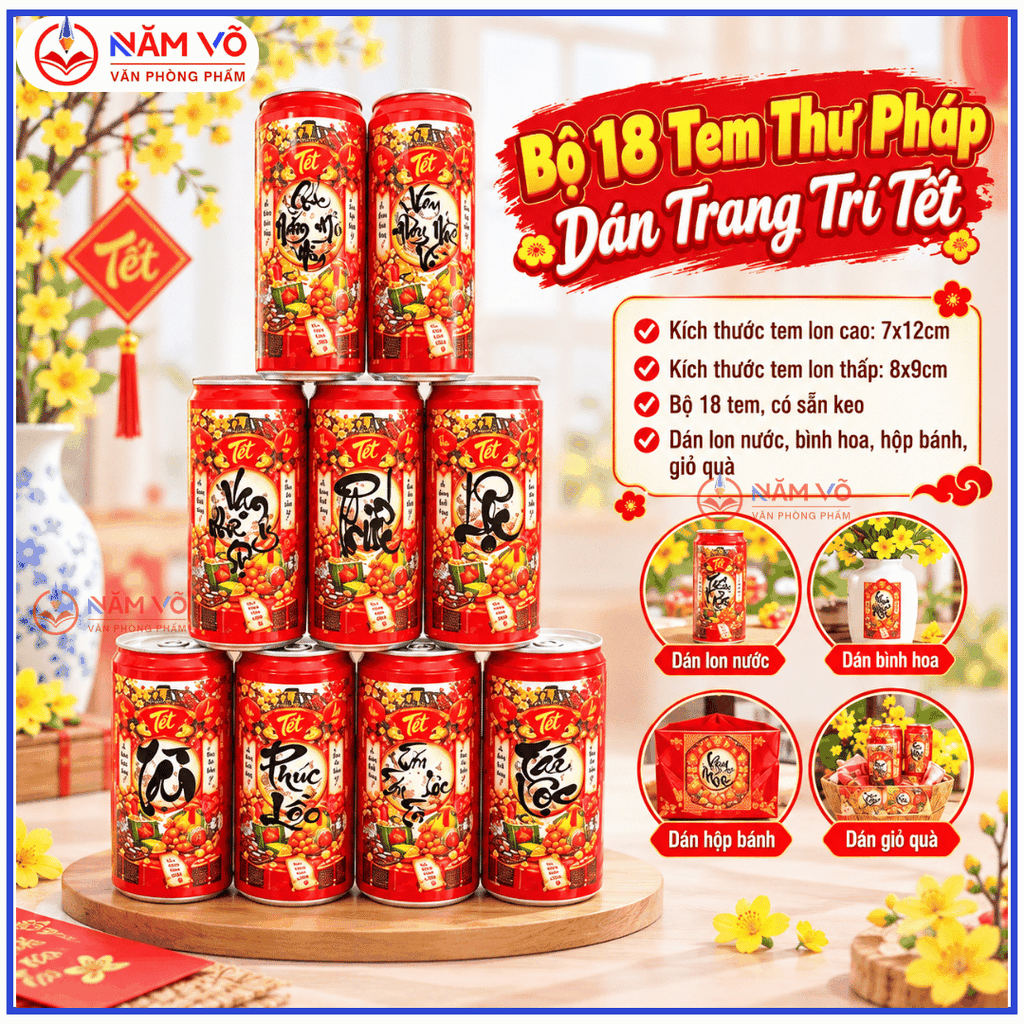 Bộ 18 Tem Dán Lon Nước Ngọt, Bia Dạng CAO Trang Trí Tết Nguyên Đán (18 Tem/ Bộ)