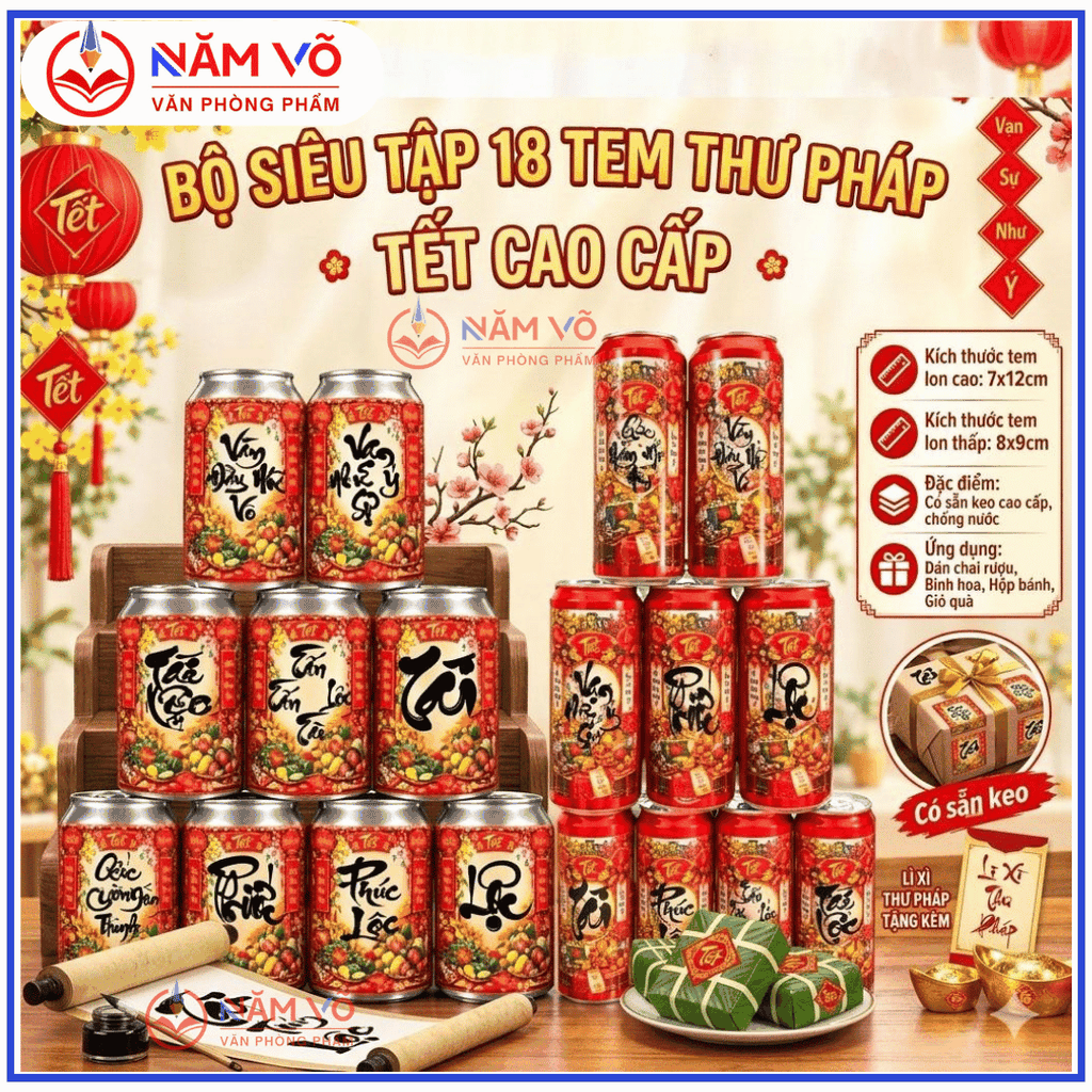 Bộ 18 Tem Dán Lon Nước Ngọt, Bia Dạng CAO Trang Trí Tết Nguyên Đán (18 Tem/ Bộ)