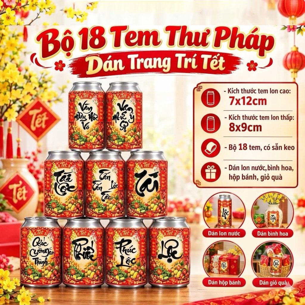 Bộ 18 Tem Dán Lon Nước Ngọt, Bia Dạng CAO Trang Trí Tết Nguyên Đán (18 Tem/ Bộ)