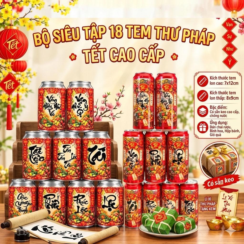 Bộ 18 Tem Dán Lon Nước Ngọt, Bia Dạng CAO Trang Trí Tết Nguyên Đán (18 Tem/ Bộ)