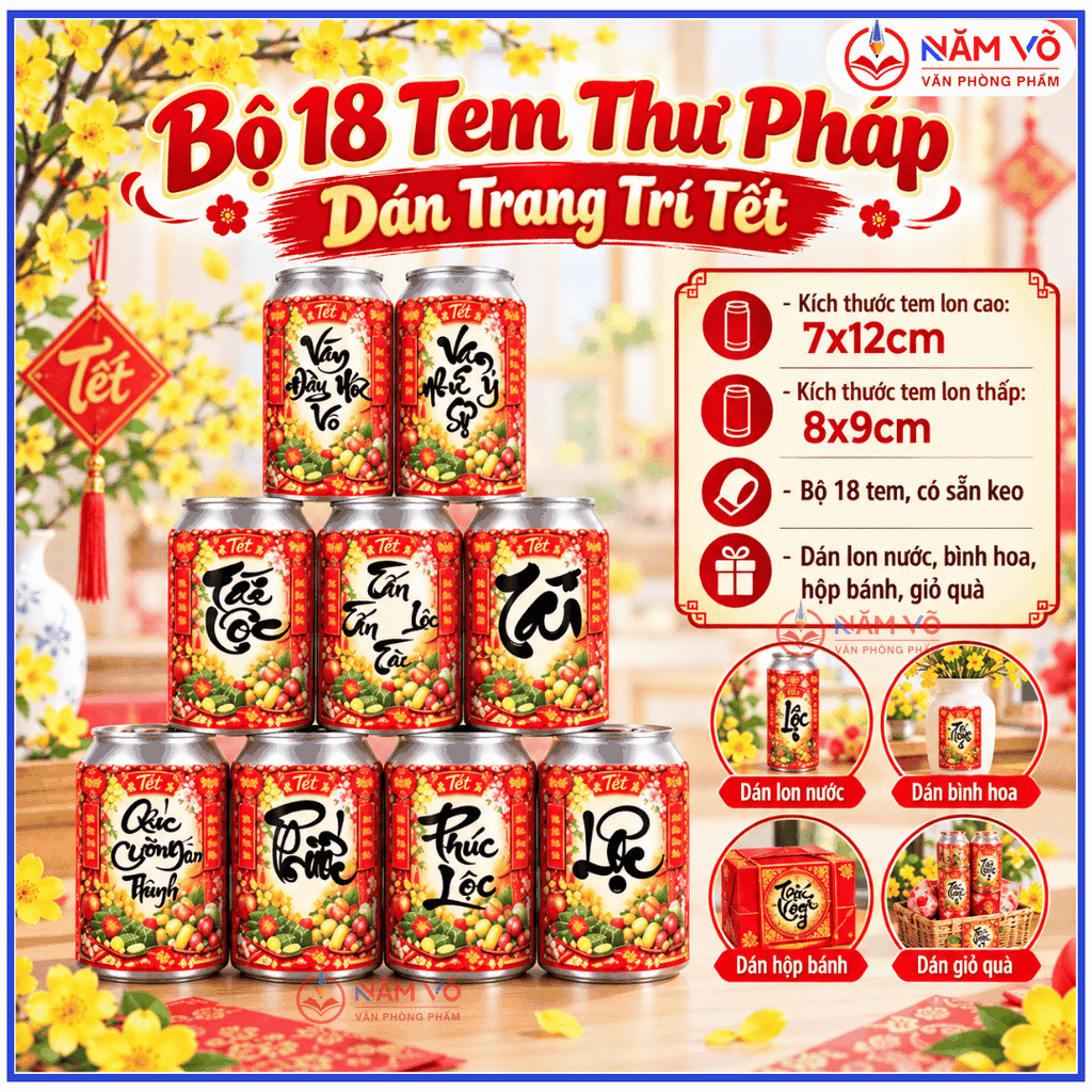 Bộ 18 Tem Dán Lon Nước Ngọt, Bia Dạng CAO Trang Trí Tết Nguyên Đán (18 Tem/ Bộ)
