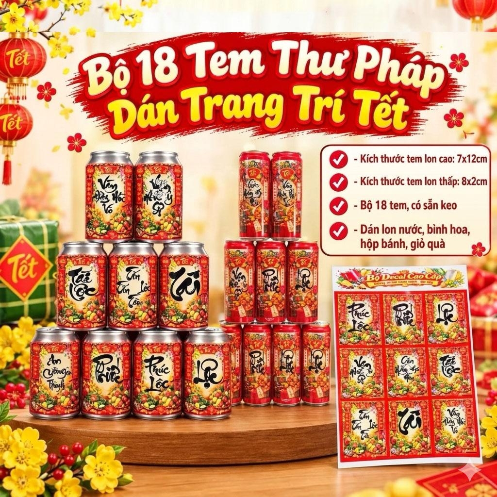 Bộ 18 Tem Dán Lon Nước Ngọt, Bia Dạng CAO Trang Trí Tết Nguyên Đán (18 Tem/ Bộ)