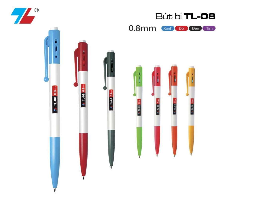 TL - Bút Bi TL08 0,8mm (Xanh, Đỏ, Đen) (20 Cây/Hộp)