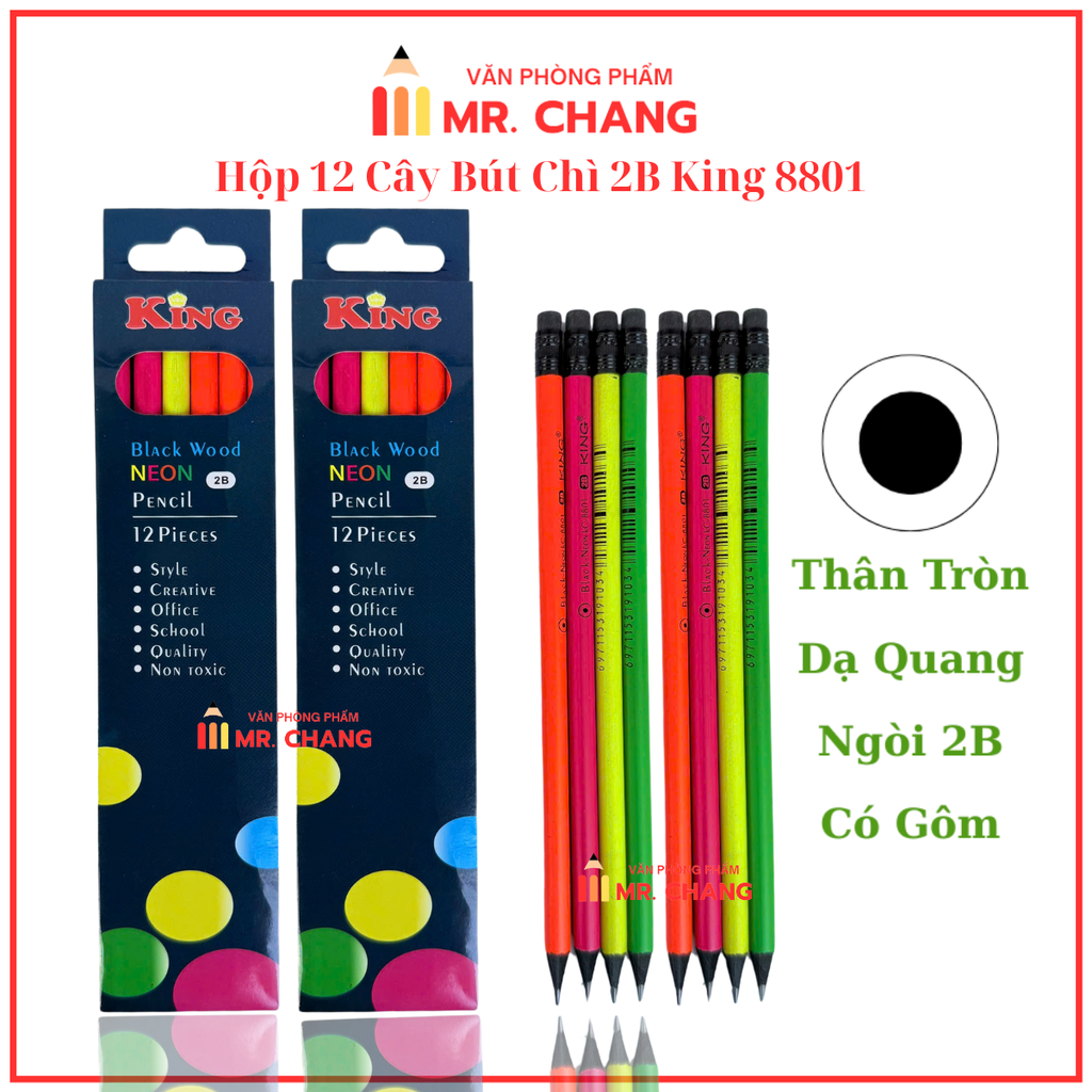 . Bút Chì Gỗ Dạ Quang Có Gôm 8801 (12 Cây/ Hộp; 12 Hộp/ Lốc; 240 Hộp/ Thùng)