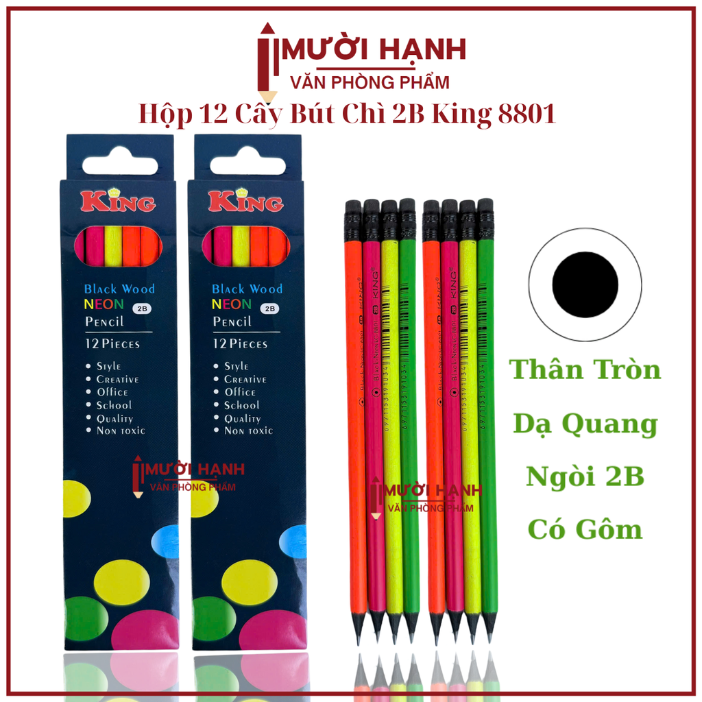 . Bút Chì Gỗ Dạ Quang Có Gôm 8801 (12 Cây/ Hộp; 12 Hộp/ Lốc; 240 Hộp/ Thùng)