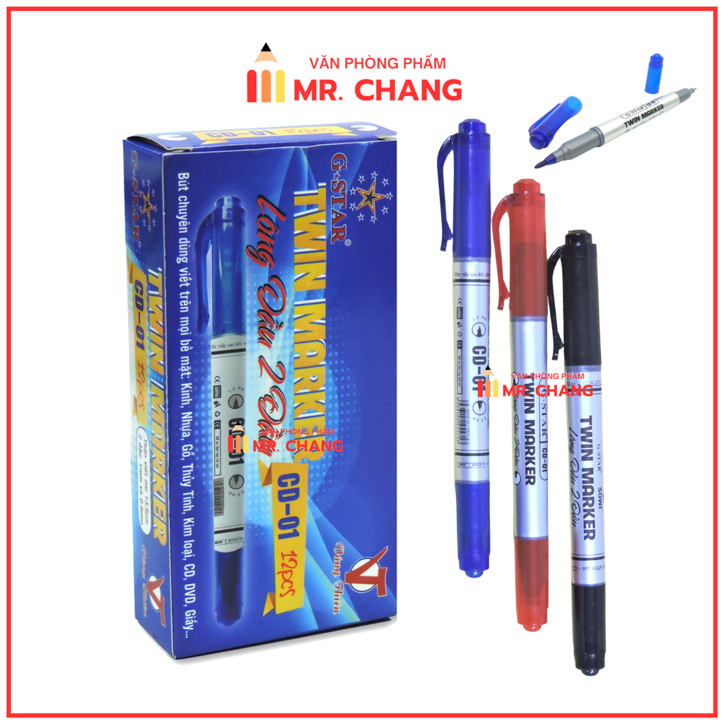 G-Star Bút Lông Dầu 2 Đầu CD01 (MựcXanh, Đỏ, Đen) (12 Cây/ Hộp; 12 Hộp/ Lốc; 96 Hộp/ Thùng)