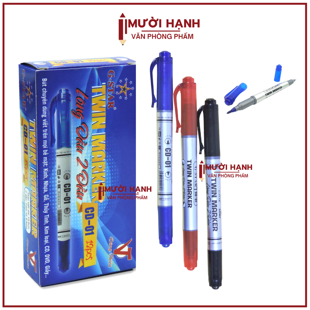 G-Star Bút Lông Dầu 2 Đầu CD01 (MựcXanh, Đỏ, Đen) (12 Cây/ Hộp; 12 Hộp/ Lốc; 96 Hộp/ Thùng)