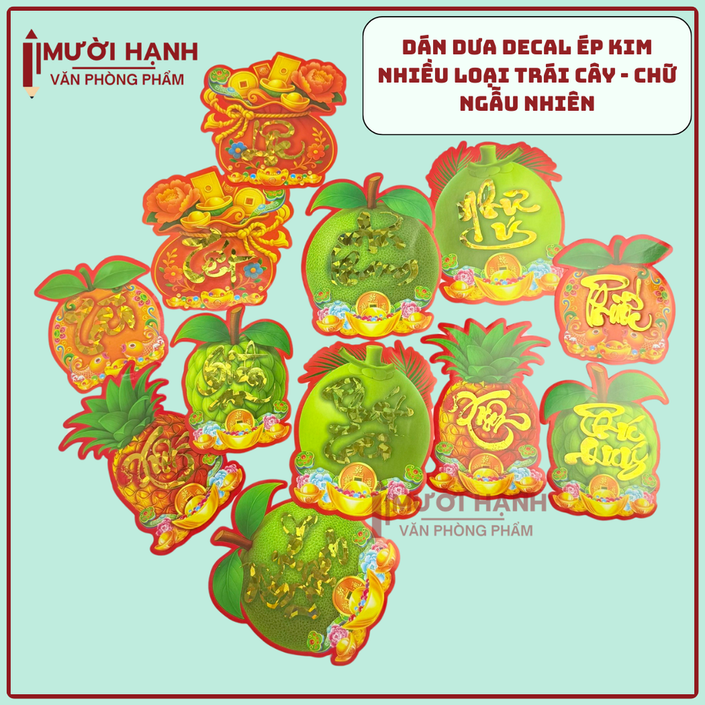 [HÌNH] Decal Dán Dưa Ép Kim Có Keo Hình Trái Cây Trang Trí Dán Dưa (10 Tờ/ Xấp; 10 Xấp/ Bịch)