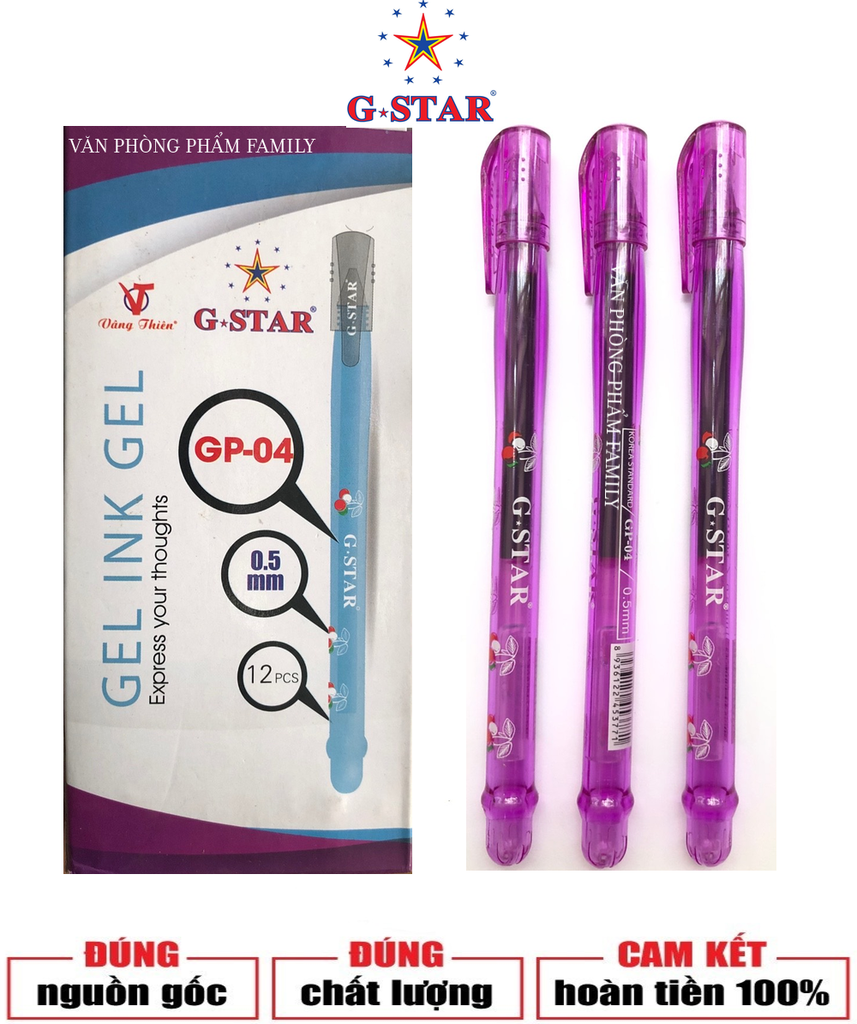 G-Star Bút Gel GP04 (Xanh, Tím, Đỏ, Đen) (12 Cây/Hộp; 12 Hộp/Lốc; 144 Hộp/Thùng)