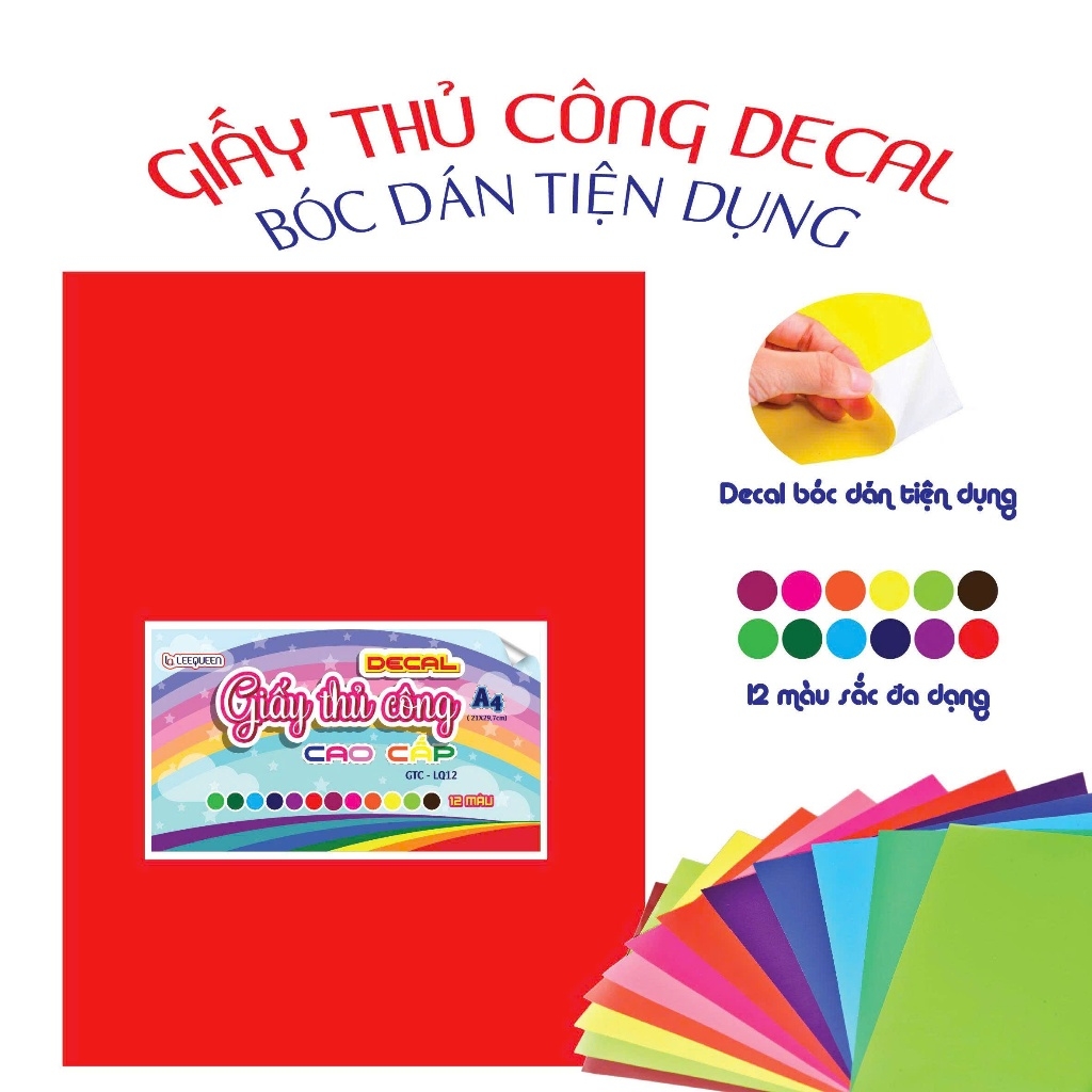 Decal Thủ Công 12 Màu Có Keo Khổ Lớn A4 12 Màu (12 Màu/ Xấp)