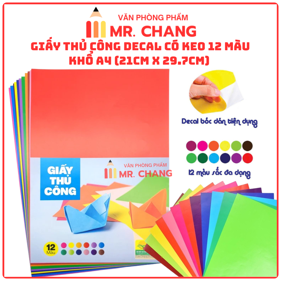 Decal Thủ Công 12 Màu Có Keo Khổ Lớn A4 12 Màu (12 Màu/ Xấp)