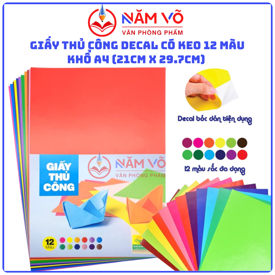 Decal Thủ Công 12 Màu Có Keo Khổ Lớn A4 12 Màu (12 Màu/ Xấp)