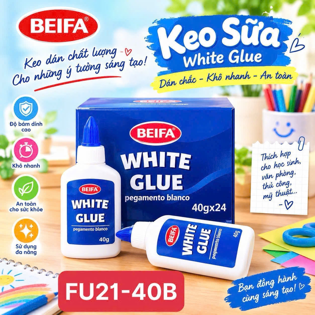 Beifa - Keo Sữa Hồ Dán Giấy 40g FU21-40B (24 Lọ/Hộp, 12 Hộp/Thùng)