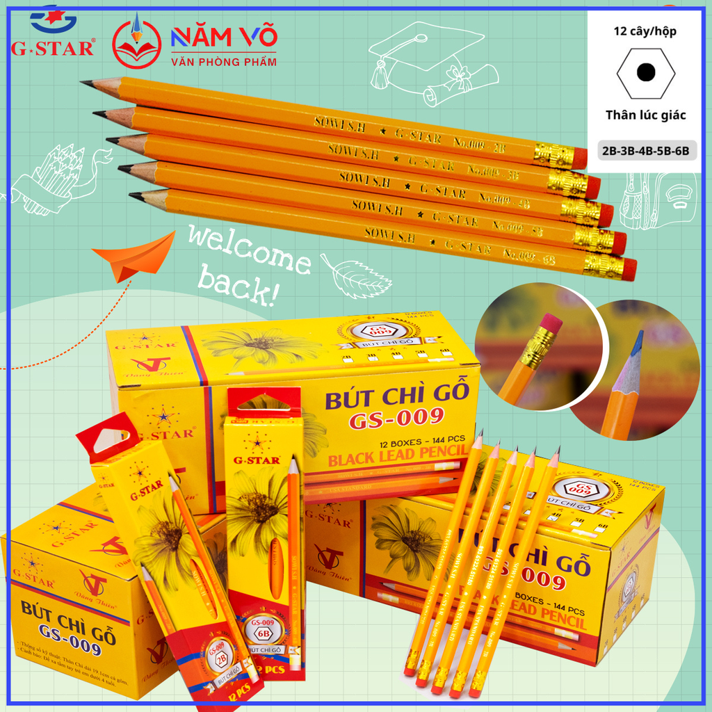 G-Star Bút Chì Gỗ GS009 2B; 3B; 4B; 5B; 6B (12 Cây/Hộp; 12 Hộp/ Lốc; 240 Hộp/ Thùng)