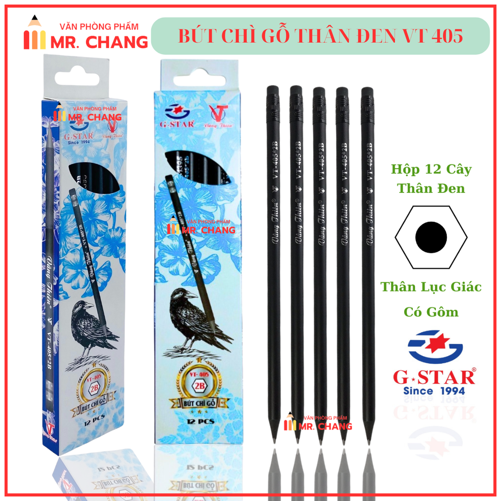 G-Star Bút Chì Màu Đen Thân Gỗ VT 405 2B (12 Cây/Hộp; 12 Hộp/ Lốc; 20 Lốc/ Thùng)