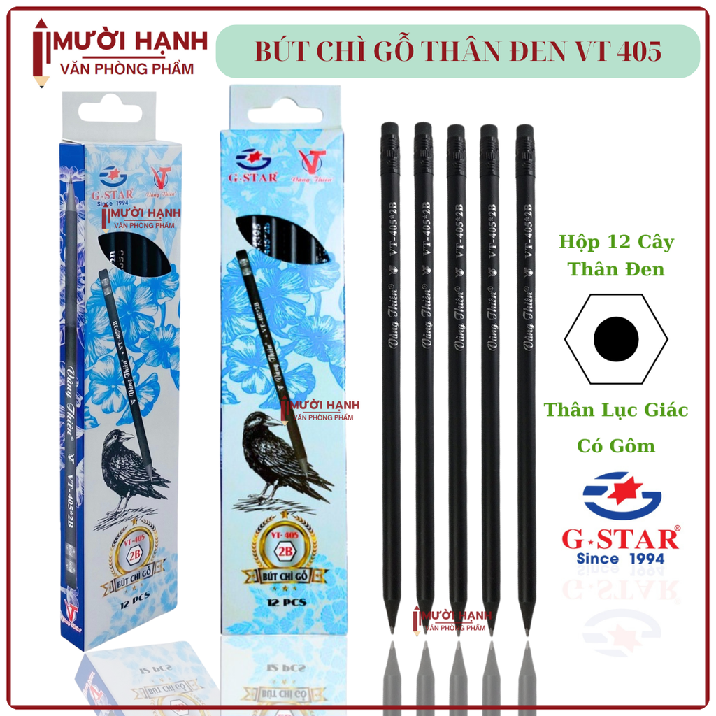 G-Star Bút Chì Màu Đen Thân Gỗ VT 405 2B (12 Cây/Hộp; 12 Hộp/ Lốc; 20 Lốc/ Thùng)