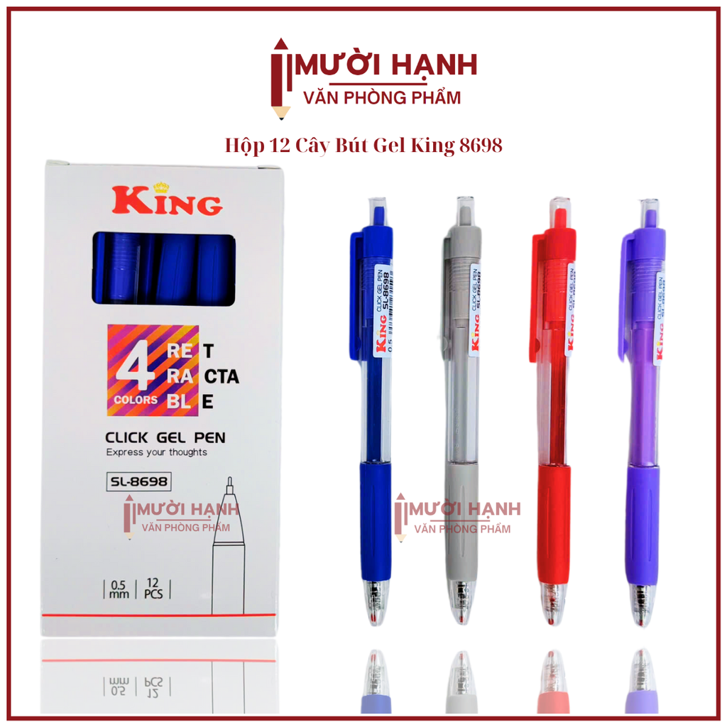 Bút 8698 King/ T8 (Xanh, Tím, Đỏ, Đen) (12 Cây/Hộp; 16 Hộp/Lốc; 192 Hộp/Thùng)