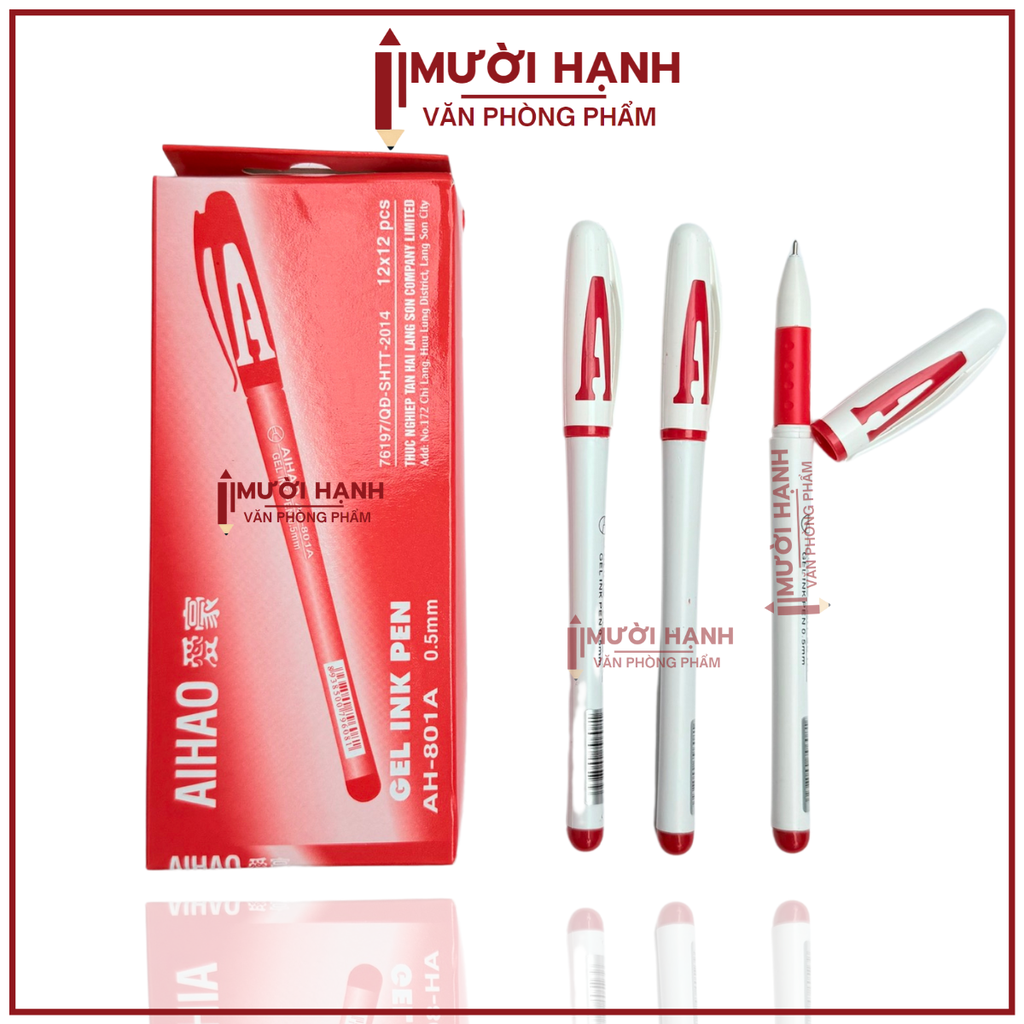 Bút Gel Nước Chữ AAA 0.5mm Aihao AH-801A (Xanh, Tím, Đỏ, Đen) (12 Cây/Hộp) (12 Hộp/Lốc) (12 Lốc/Thùng)