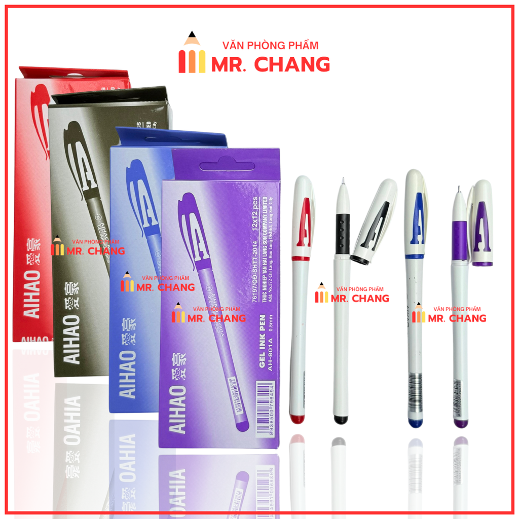 Bút Gel Nước Chữ AAA 0.5mm Aihao AH-801A (Xanh, Tím, Đỏ, Đen) (12 Cây/Hộp) (12 Hộp/Lốc) (12 Lốc/Thùng)