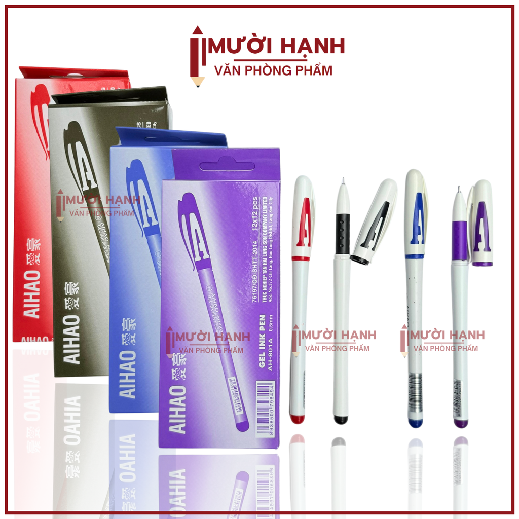 Bút Gel Nước Chữ AAA 0.5mm Aihao AH-801A (Xanh, Tím, Đỏ, Đen) (12 Cây/Hộp) (12 Hộp/Lốc) (12 Lốc/Thùng)