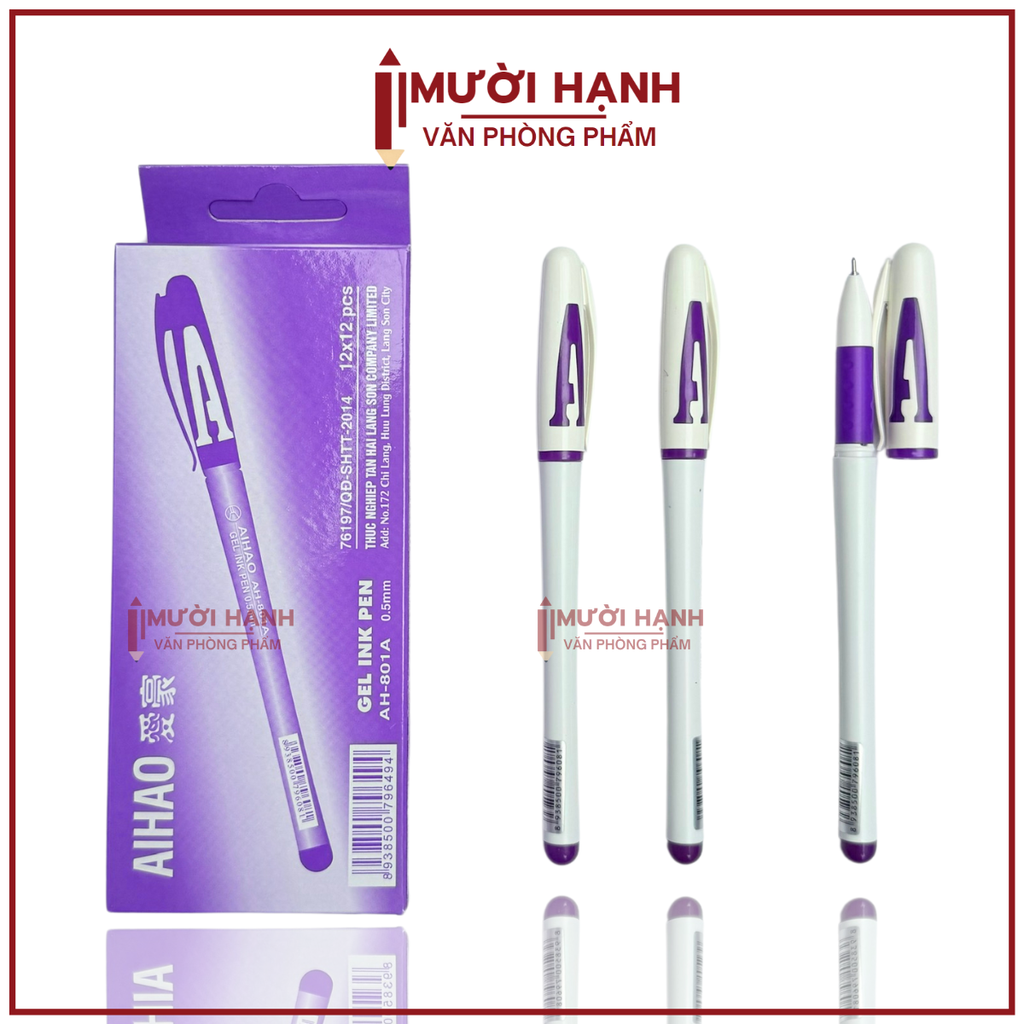 Bút Gel Nước Chữ AAA 0.5mm Aihao AH-801A (Xanh, Tím, Đỏ, Đen) (12 Cây/Hộp) (12 Hộp/Lốc) (12 Lốc/Thùng)
