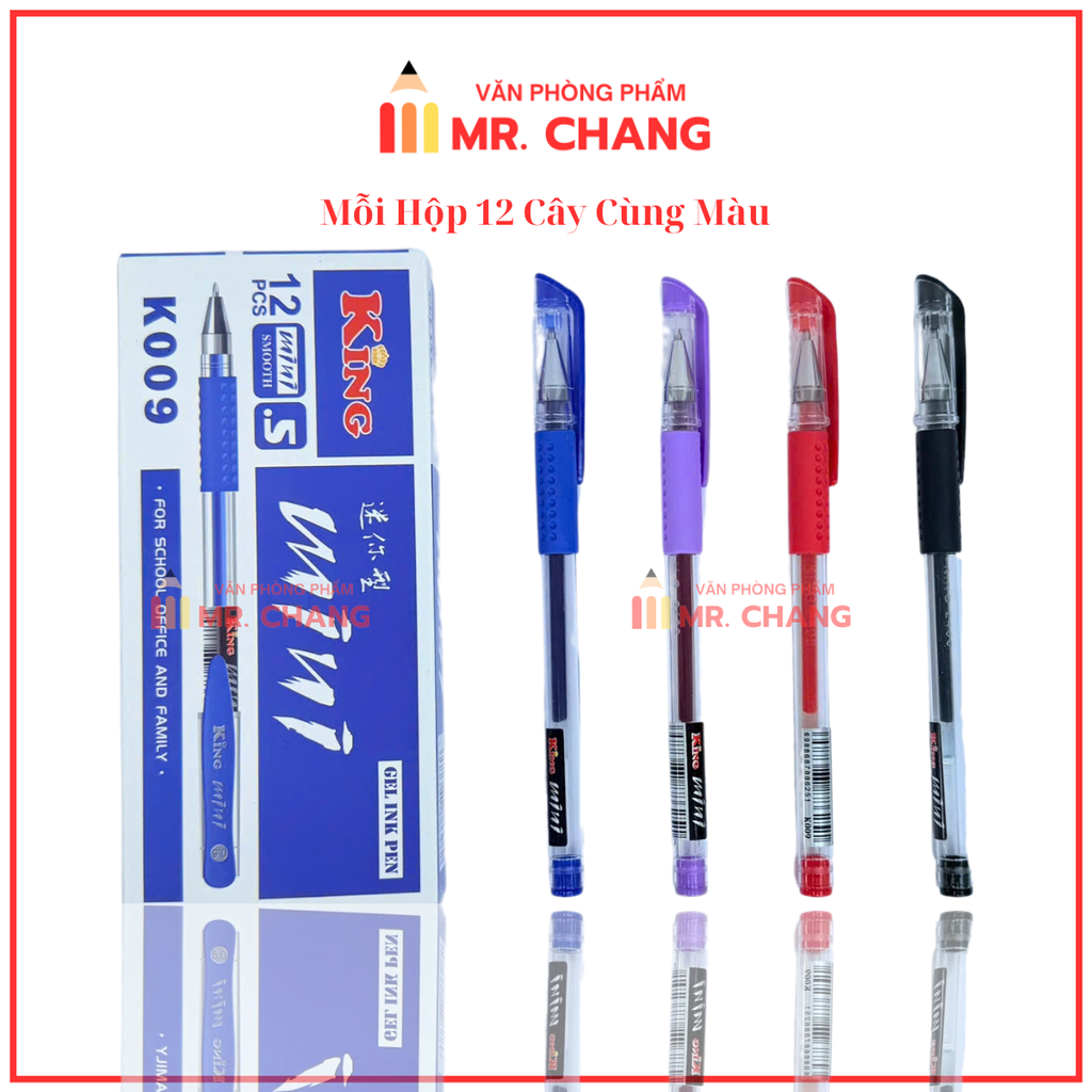 . Bút Gel MINI Đầu To King K009 (Xanh, Tím, Đỏ, Đen) (12 Cây/Hộp; 12 Hộp/Lốc; 20 Lốc/Thùng)