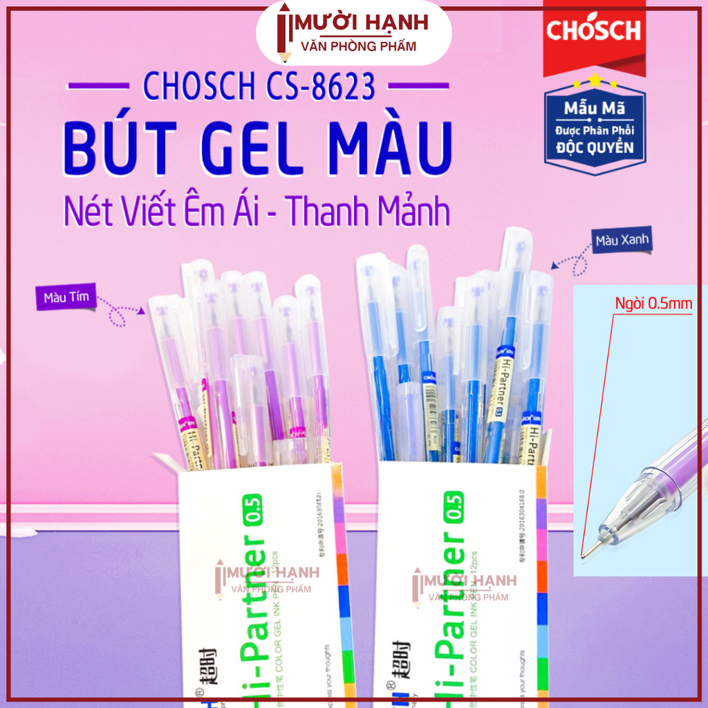 Bút Gel Mực Nước Chosch Hi-Partner CS-8623 (Xanh, Tím, Đỏ, Đen) (12 Cây/Hộp) (12 Hộp/Lốc) (12 Lốc/Thùng)