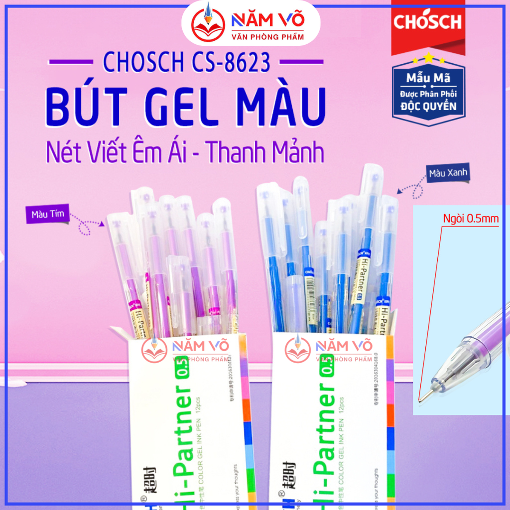 Bút Gel Mực Nước Chosch Hi-Partner CS-8623 (Xanh, Tím, Đỏ, Đen) (12 Cây/Hộp) (12 Hộp/Lốc) (12 Lốc/Thùng)