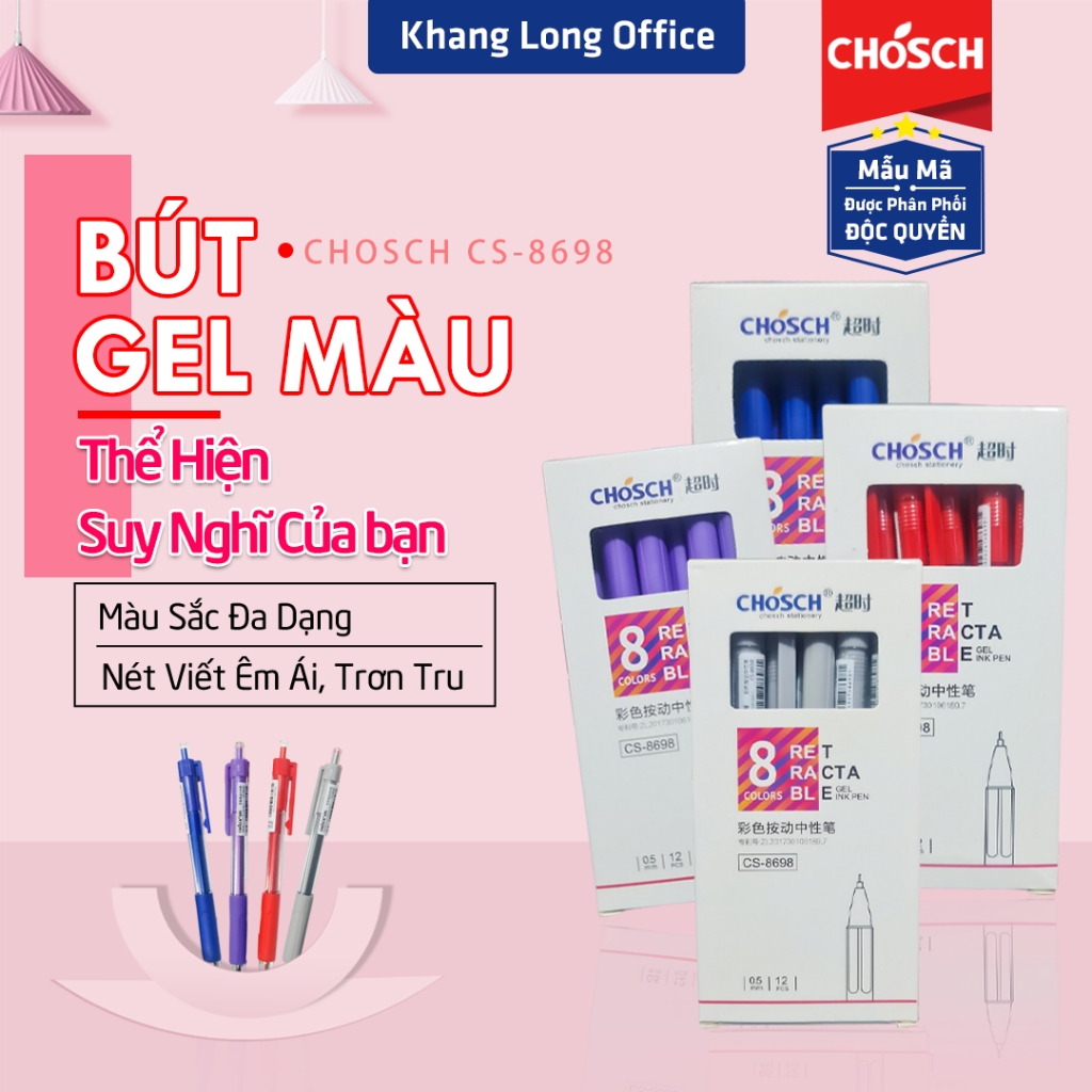 Bút Gel Mực Nước Chosch Hi-Partner CS-8623 (Xanh, Tím, Đỏ, Đen) (12 Cây/Hộp) (12 Hộp/Lốc) (12 Lốc/Thùng)