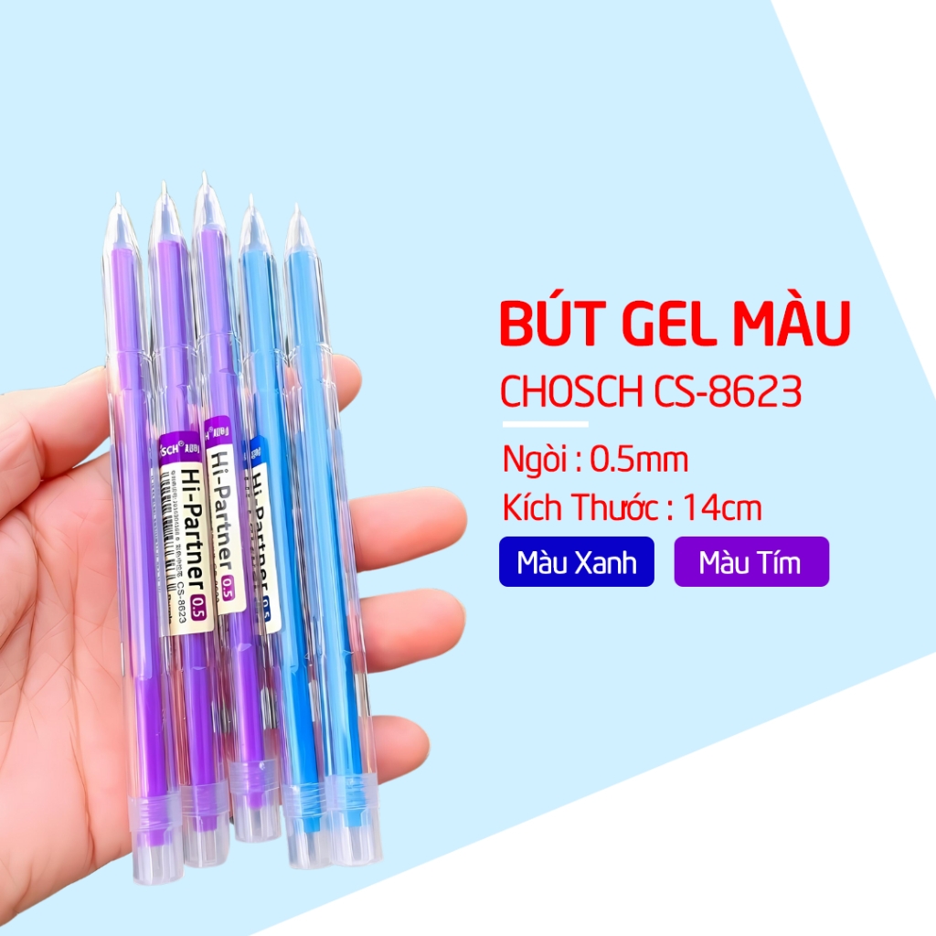 Bút Gel Mực Nước Chosch Hi-Partner CS-8623 (Xanh, Tím, Đỏ, Đen) (12 Cây/Hộp) (12 Hộp/Lốc) (12 Lốc/Thùng)