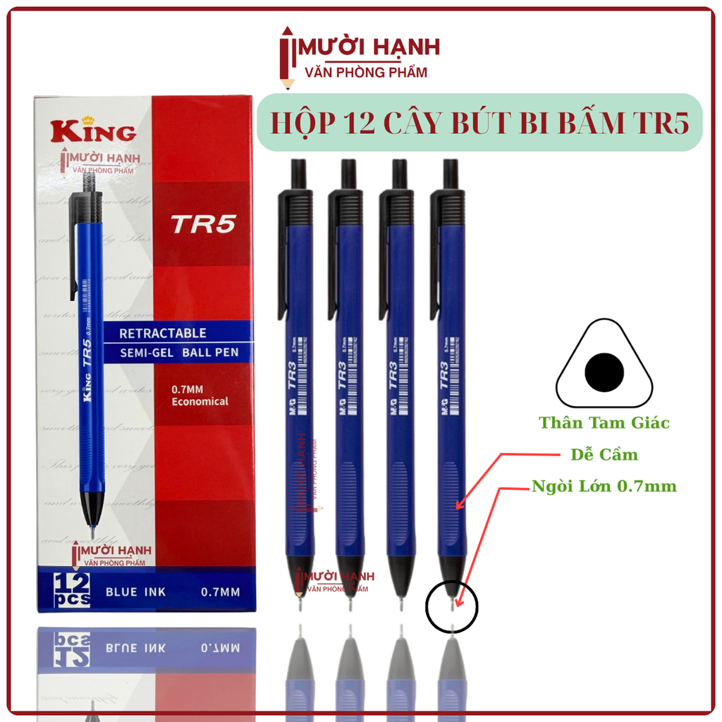 Bút Bi Bấm King TR5 (12 Cây/ Hộp; 12 Hộp/ Lốc; 288 Hộp/ Thùng) - MÀU XANH