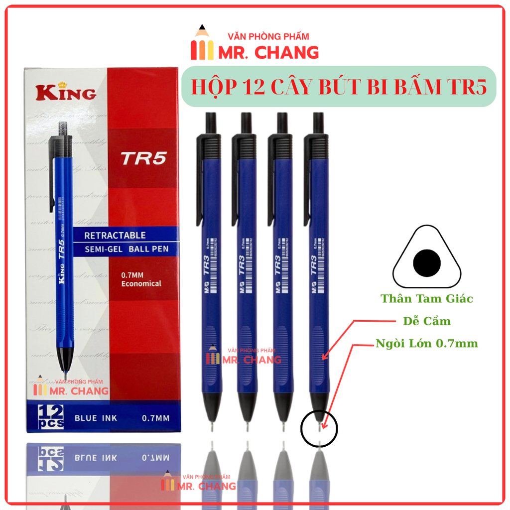 Bút Bi Bấm King TR5 (12 Cây/ Hộp; 12 Hộp/ Lốc; 288 Hộp/ Thùng) - MÀU XANH