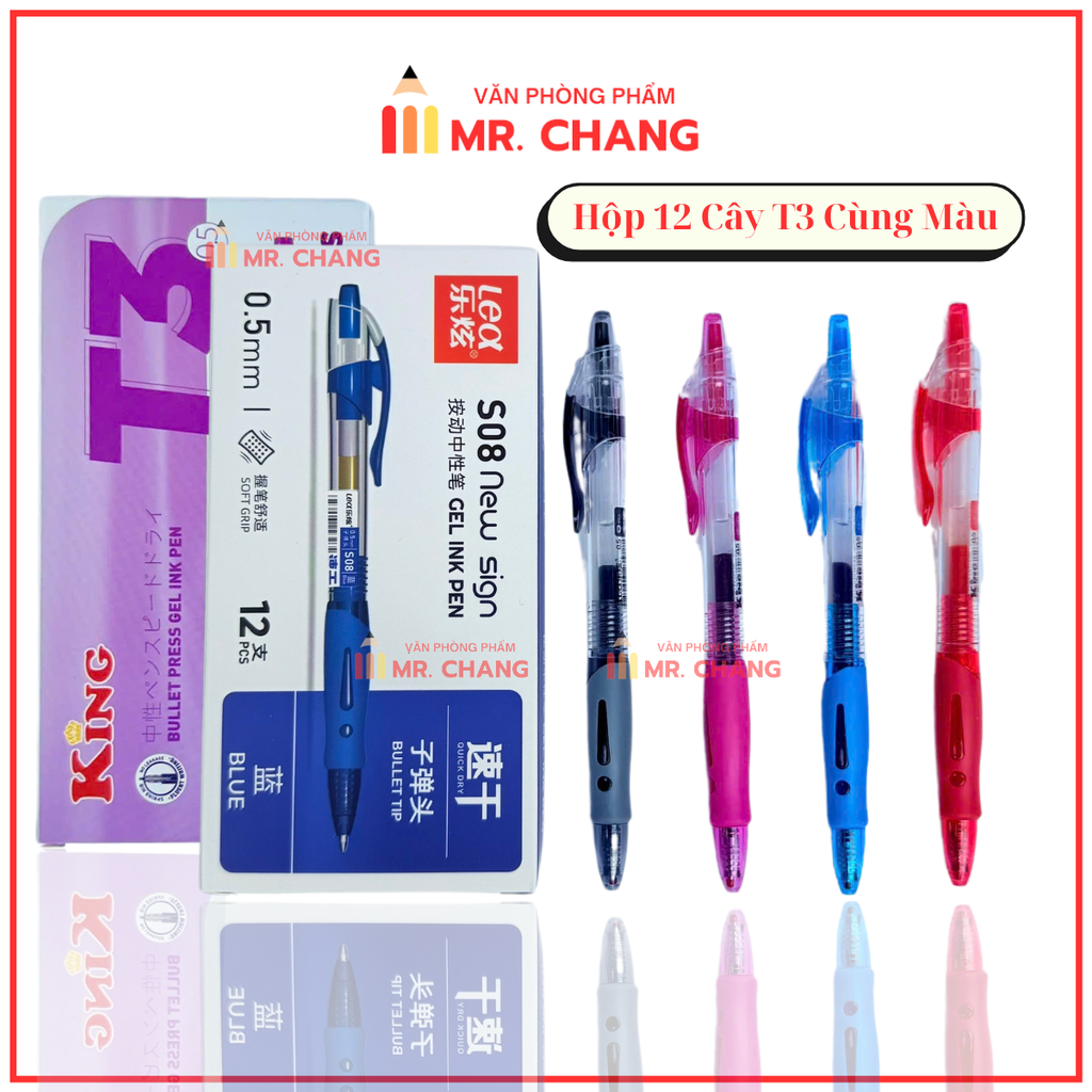 . Bút Bi Bấm Nước Lex T3, S08 (Xanh, Tím, Đỏ, Đen) (12 Cây/Hộp; 144 Hộp/Thùng)