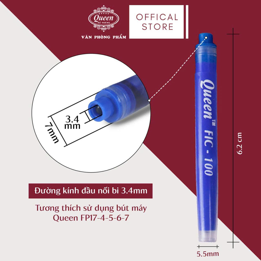 Queen Ống Mực Bút Máy FIC100 xoá được (6 Ống/Vĩ, 6 Vĩ/ Hộp; 6 Hộp/ Lốc) (Mực Xanh, Tím)