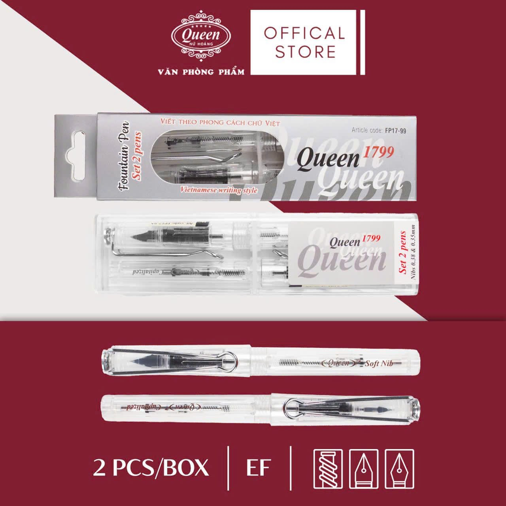 Queen - Bút Máy Ngòi Trơn FP179 Set 2 Cây (Phong Cách Việt) (2 Cây/ Hộp; 1 Lốc/6 Cây)