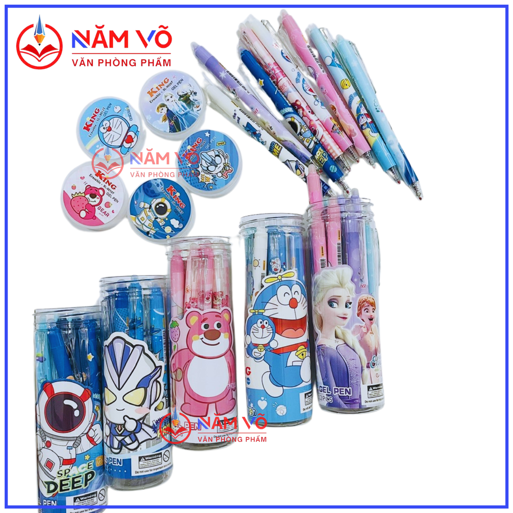 LON 12 CÂY Bút Gel Bấm Xóa Được VS, King Lon (Xanh, Tím) (12 Cây/Lon) (12 Lon/Lốc) (16 Lốc/Thùng)