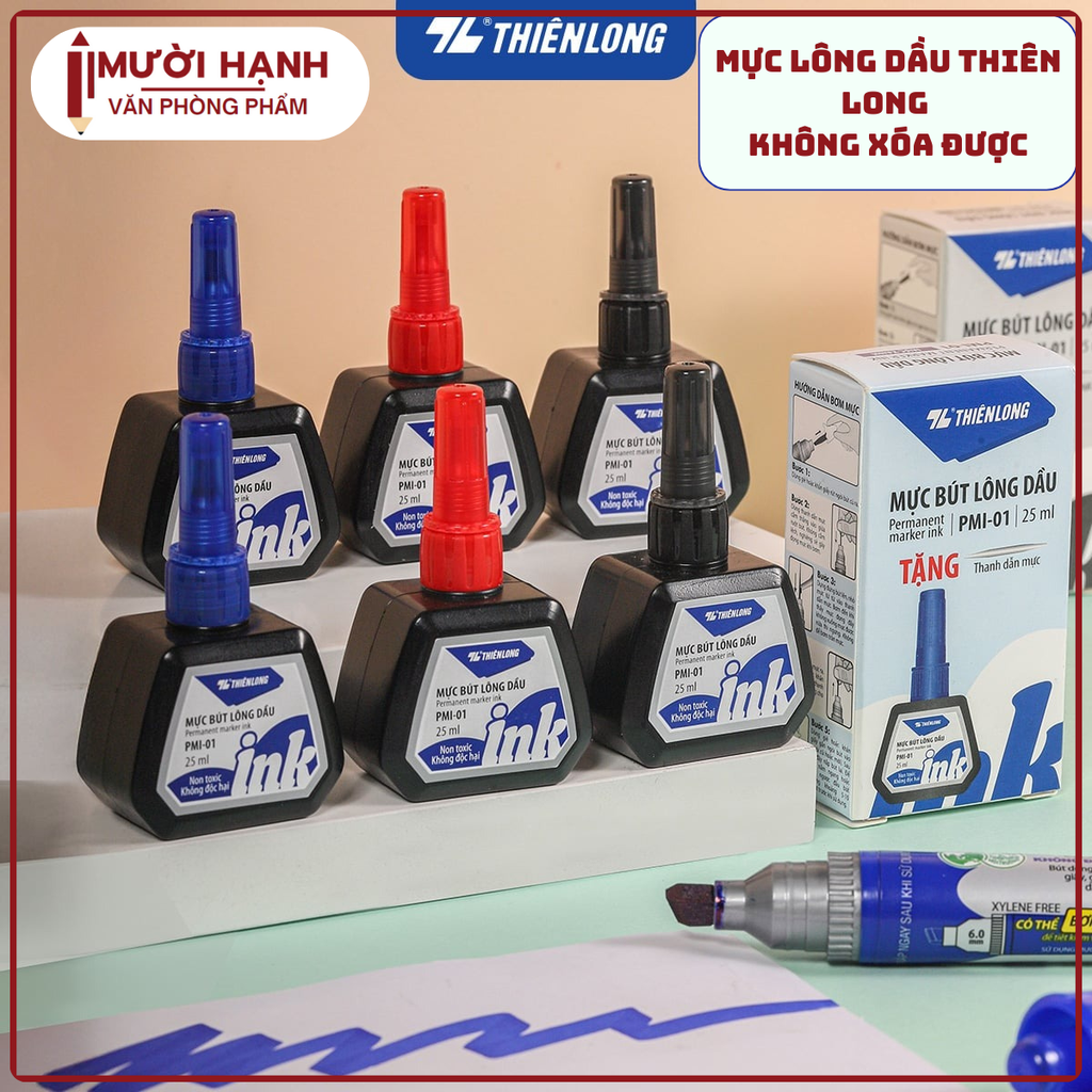 TL - Mực Bút Lông Dầu PMI01 (Xanh, Đỏ, Đen) (6 Lọ/ Lốc, 24 Lốc/ Thùng, 144 Hộp/ Thùng)