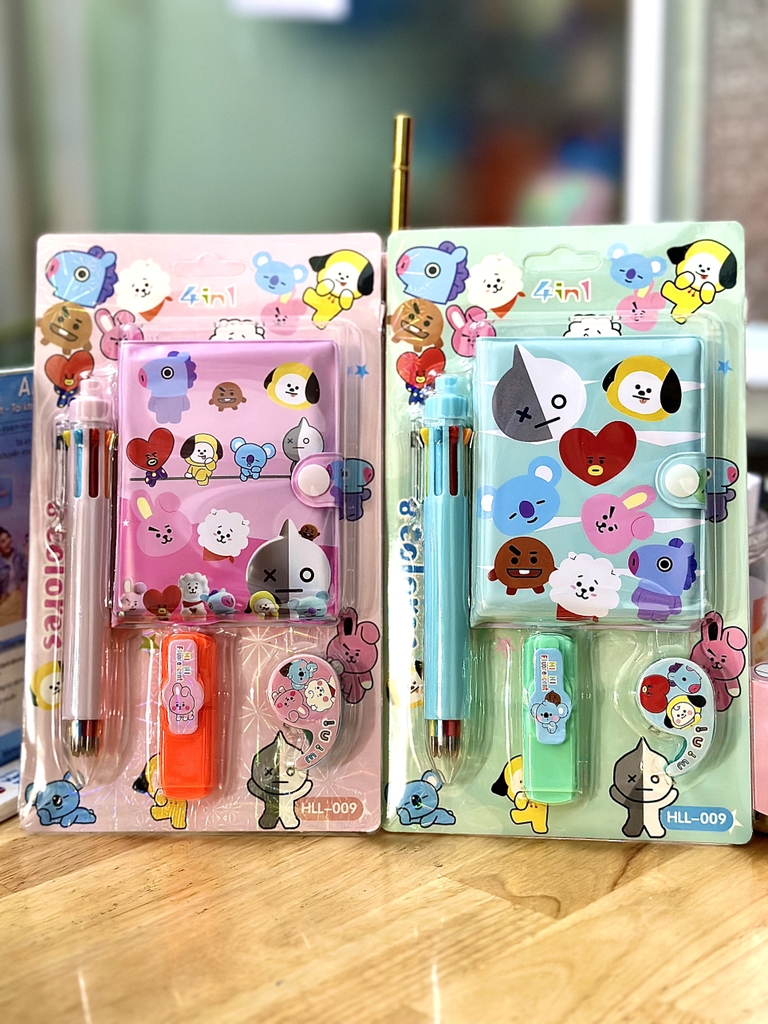 Sét Sổ + Bút bấm nhiều ngòi + dạ quang + Keo dán HLL-009 (12 Sét/Hộp) (288 Sét/Thùng)
