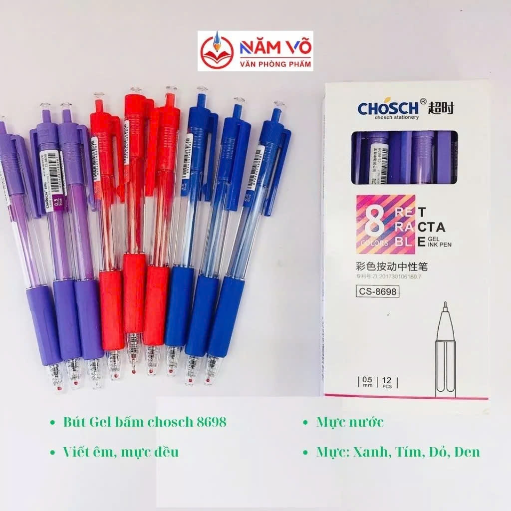 Bút Chosch Mực Nước CS8698 (Xanh, Tím, Đỏ, Đen) (12 Cây/Hộp; 12 Hộp/ Lốc; 12 Lốc/Thùng)