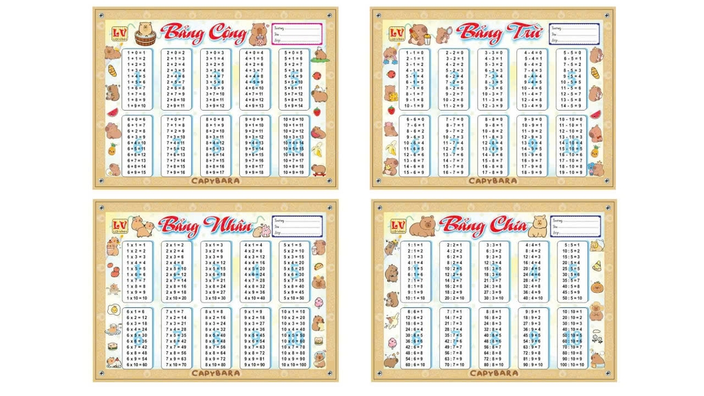 Bảng Cộng, Trừ, Nhân, Chia Có Keo Dán (4 Tờ/ Xấp; 10 Xấp/ Bó; 100 Xấp/ Cục)